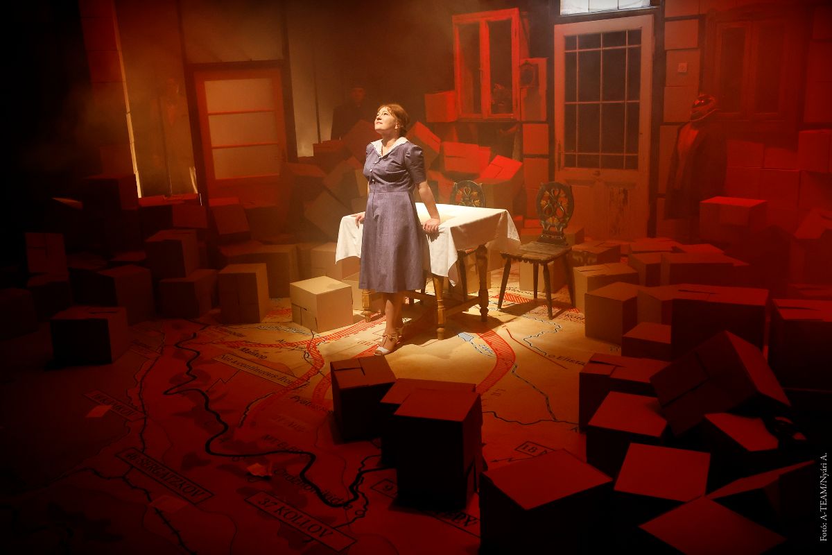 A színművész a Tóték című darabban jelenet közben elkeseredetten áll, körülötte dobozok vannak.