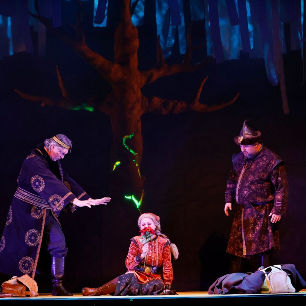 A képen bal és jobb oldalt egy-egy férfi áll mesebeli sötét ruhában, középen pedig egy piros ruhás nő ül a földön, aki egy piros virágot szagol. A két férfi a nőt nézi. A háttérben egy díszlet fa látható a sötétben, aminek a törzsén világít egy repedés.